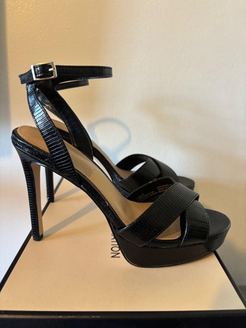 BCBGeneration Black Lizard-Texture Strappy Ankle Strap Heels